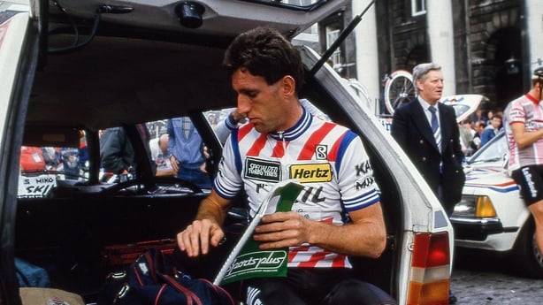 25 Spetember 1985; Sean Kelly of the SKIL team before the start of the first stage of the 1985 Nissan International Classic cycle race at Trinity College in Dublin. Photo by Ray McManus/Sportsfile