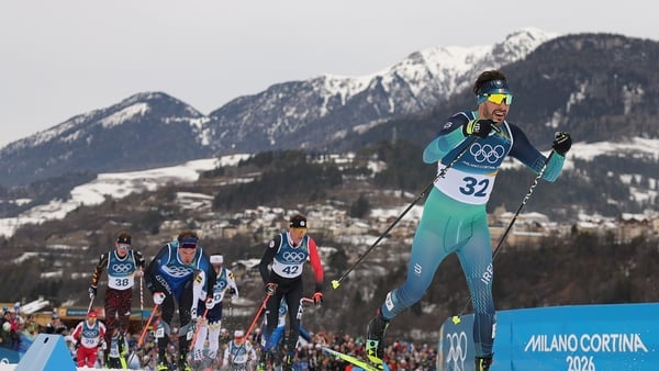 Thomas Maloney Westgaard of Team Ireland competes in the Men's 50km Mass Start Classic on day fifteen of the Milano Cortina 2026 Winter Olympic games at Tesero Cross-Country Skiing Stadium on February 21, 2026 in Val di Fiemme, Italy. (Photo by Alex Slitz