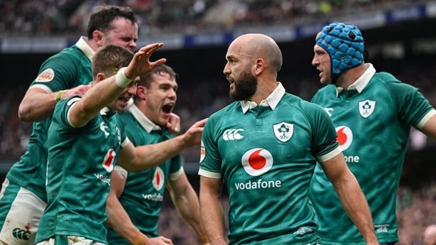 21 February 2026; Jamison Gibson-Park of Ireland, centre, celebrates with teammates after scoring their side's first try during the Guinness 6 Nations Rugby Championship match between England and Ireland at the Allianz Stadium in Twickenham, England. Photo by Brendan Moran/Sportsfile
