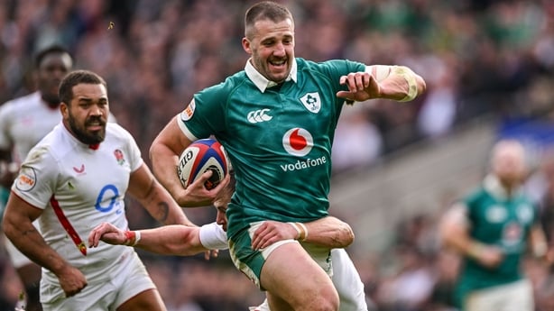 21 February 2026; Stuart McCloskey of Ireland is tackled by Freddie Steward of England during the Guinness 6 Nations Rugby Championship match between England and Ireland at the Allianz Stadium in Twickenham, England. Photo by Ramsey Cardy/Sportsfile