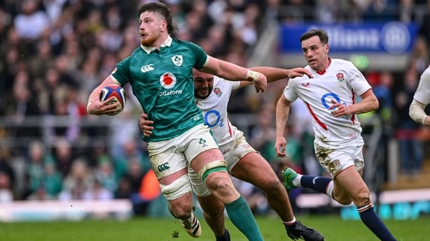 21 February 2026; Joe McCarthy of Ireland is tackled by Ellis Genge of England during the Guinness 6 Nations Rugby Championship match between England and Ireland at the Allianz Stadium in Twickenham, England. Photo by Ramsey Cardy/Sportsfile