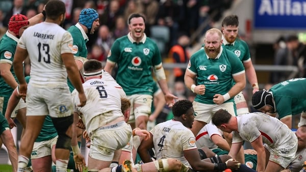 21 February 2026; Jeremy Loughman of Ireland and teammates celebrate their side's fourth try, scored by teammate Dan Sheehan, hidden, during the Guinness 6 Nations Rugby Championship match between England and Ireland at the Allianz Stadium in Twickenham,