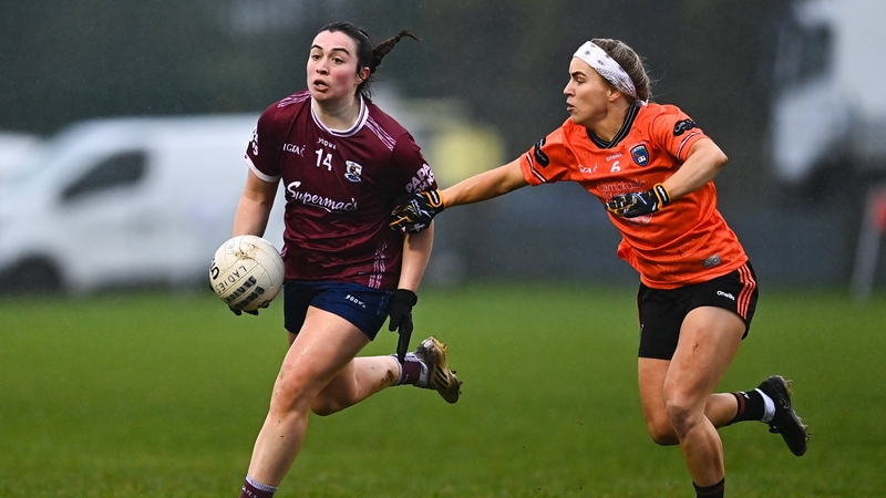Leanne Coen of Galway in action against Lauren McConville of Armagh - 2026 Lidl NFL