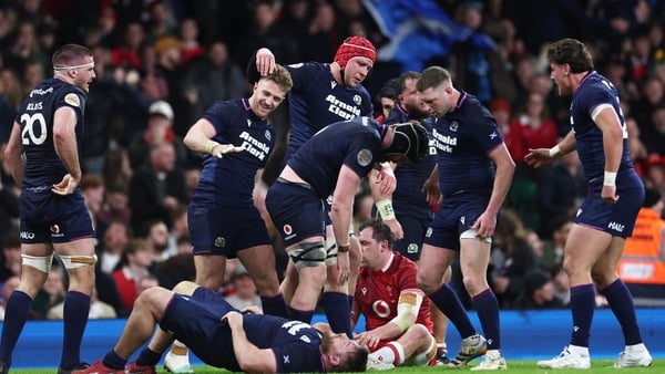 CARDIFF, WALES - FEBRUARY 21: George Turner of Scotland celebrates scoring his team's fourth try with teammates during the Guinness Six Nations 2026 match between Wales and Scotland at Principality Stadium on February 21, 2026 in Cardiff, Wales. (Photo by