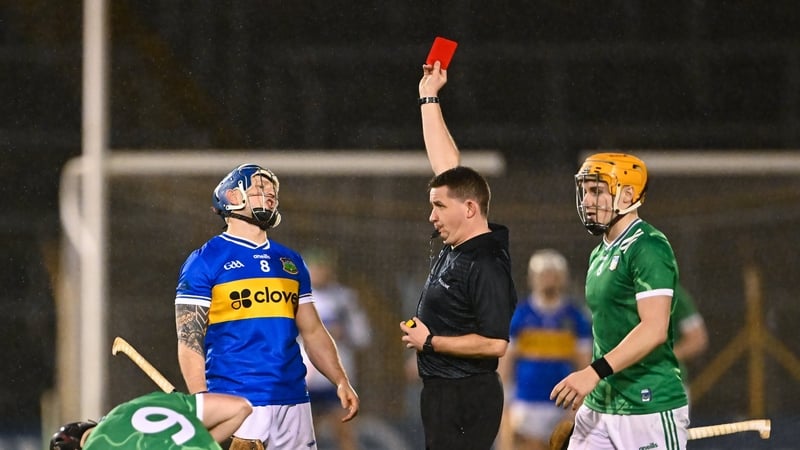 21 February 2026; Willie Connors of Tipperary is shown the red card by referee Colm Lyons during the Allianz Hurling League Division 1A match between Tipperary and Limerick at FBD Semple Stadium in Thurles, Tipperary. Photo by Piaras Ó Mídheach/Sportsfile