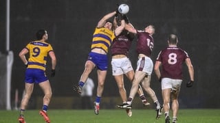 21 February 2026; Keith Doyle of Roscommon in action against Cian Hernon, centre, and Céin Darcy of Galway during the Allianz Football League Division 1 match between Galway and Roscommon at Pearse Stadium in Galway. Photo by Ben McShane/Sportsfile