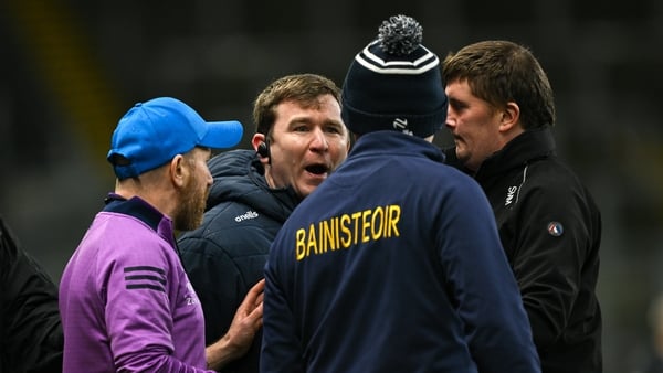 21 February 2026; Dublin manager Niall Ó Ceallacháin with Wexford manager Keith Rossiter during the Allianz Hurling League Division 1B match between Dublin and Wexford at Croke Park in Dublin. Photo by David Fitzgerald/Sportsfile