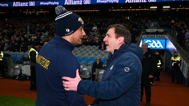 21 February 2026; Dublin manager Niall Ó Ceallacháin with Wexford manager Keith Rossiter after the Allianz Hurling League Division 1B match between Dublin and Wexford at Croke Park in Dublin. Photo by David Fitzgerald/Sportsfile