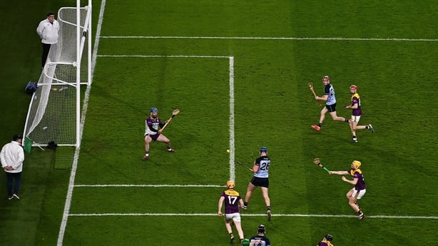 21 February 2026; John Hetherton of Dublin scores his side's fourth goal during the Allianz Hurling League Division 1B match between Dublin and Wexford at Croke Park in Dublin. Photo by Stephen McCarthy/Sportsfile
