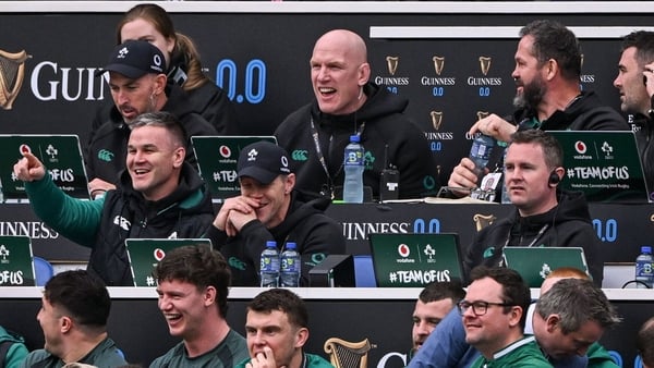 21 February 2026; Ireland coaching staff and non-playing squad members, including Ireland assistant coaches Jonathan Sexton and Simon Easterby share a joke during the Guinness 6 Nations Rugby Championship match between England and Ireland at the Allianz S