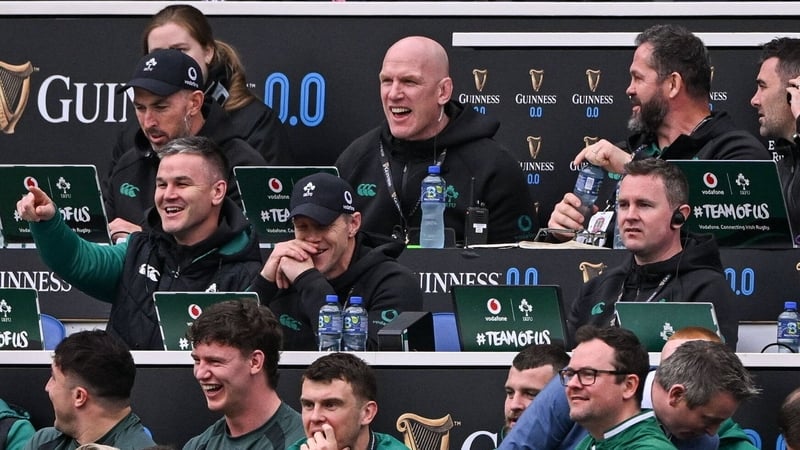 21 February 2026; Ireland coaching staff and non-playing squad members, including Ireland assistant coaches Jonathan Sexton and Simon Easterby share a joke during the Guinness 6 Nations Rugby Championship match between England and Ireland at the Allianz S