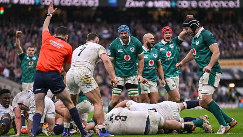 21 February 2026; Referee Pierre Brousset awards Ireland a fourth try, scored by Dan Sheehan, hidden, during the Guinness 6 Nations Rugby Championship match between England and Ireland at the Allianz Stadium in Twickenham, England. Photo by Ramsey Cardy/S