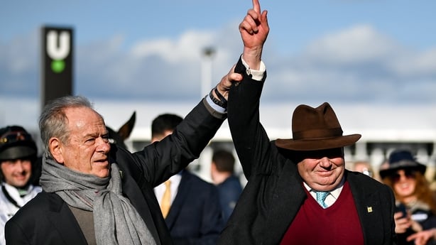 Gloucestershire , United Kingdom - 14 March 2023; Winning owner Michael Buckley, left, and trainer Nicky Henderson celebrate, in the winners enclosure, after Constitutuion Hill won the Unibet Champion Hurdle Challenge Trophy during day one of the Cheltenham Racing Festival at Prestbury Park in Chelt