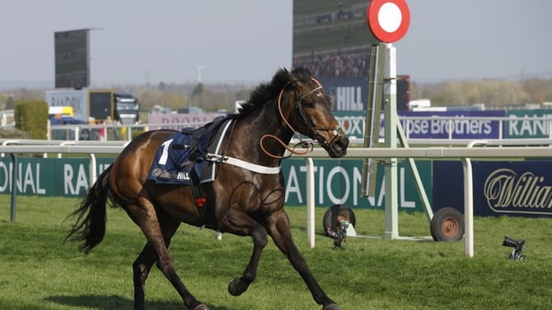 The riderless Constitution Hill passes the finishing post after jockey Nico De Boinville fell off in the Aintree Hurdle on day one of the Grand National meeting at Aintree Racecourse on April 3rd 2025 in Liverpool (Photo by Tom Jenkins/Getty Images)