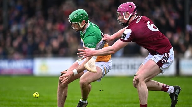 22 February 2026; Brian Duignan of Offaly in action against Cillian Trayers of Galway during the Allianz Hurling League Division 1A match between Offaly and Galway at St Brendan's Park in Birr, Offaly. Photo by Piaras Ó Mídheach/Sportsfile
