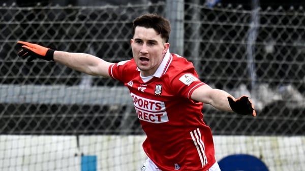 22 February 2026; Chris Óg Jones of Cork celebrates after scoring his side's first goal during the Allianz Football League Division 2 match between Cork and Meath at Páirc Ui Rinn in Cork. Photo by Seb Daly/Sportsfile