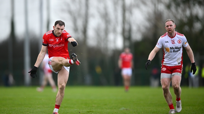 22 February 2026; Sam Mulroy of Louth kicks a score during the Allianz Football League Division 2 match between Louth and Tyrone at DEFY Pairc Mhuire in Ardee, Louth. Photo by Shauna Clinton/Sportsfile