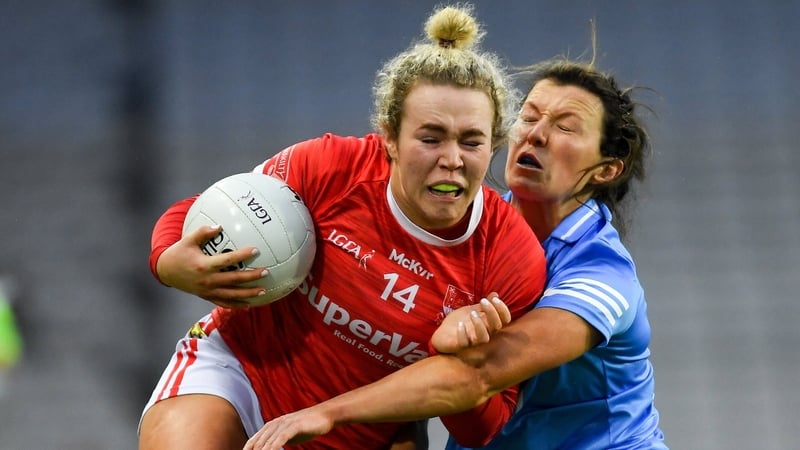 Dublin , Ireland - 19 February 2022; Katie Quirke of Cork is tackled by Leah Caffrey of Dublin during the Lidl Ladies Football National League Division 1 match between Dublin and Cork at Croke Park in Dublin. (Photo By Ray McManus/Sportsfile via Getty Ima