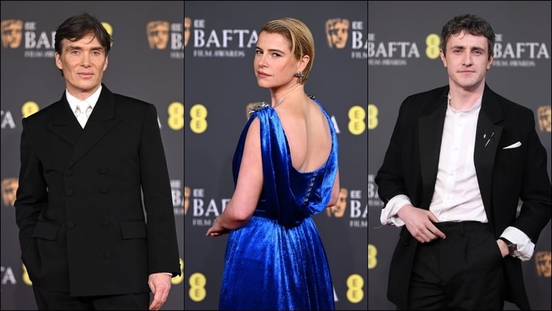 A collage of Cillian Murphy, Jessie Buckley and Paul Mescal at the 2026 Baftas