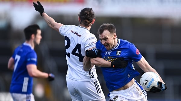 22 February 2026; Gearoid McKiernan of Cavan in action against Neil Flynn of Kildare during the Allianz Football League Division 2 match between Cavan and Kildare at Kingspan Breffni in Cavan. Photo by Tyler Miller/Sportsfile