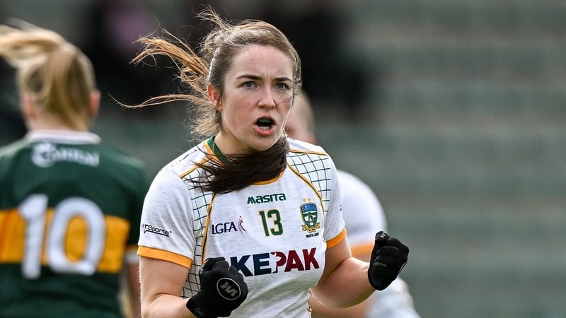 22 March 2025; Meadhbh Byrne of Meath celebrates after kicking a point during the Lidl Ladies National Football League Division 1 Round 6 match between Kerry and Meath at Austin Stack Park in Tralee, Kerry. Photo by Brendan Moran/Sportsfile