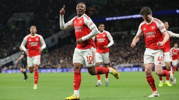Eberechi Eze of Arsenal celebrates after scoring their side's third goal during the Premier League match between Tottenham Hotspur and Arsenal at Tottenham Hotspur Stadium on February 22, 2026 in London, England. (Photo by James Gill - Danehouse/Getty Images)