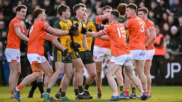 Armagh , United Kingdom - 22 February 2026; Players from both sides tussle during the Allianz Football League Division 1 match between Armagh and Donegal at BOX-IT Athletic Grounds in Armagh. (Photo By Ramsey Cardy/Sportsfile via Getty Images)