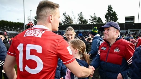 22 February 2026; Cork manager John Cleary, right, and Steven Sherlock after their side's victory in the Allianz Football League Division 2 match between Cork and Meath at Páirc Ui Rinn in Cork. Photo by Seb Daly/Sportsfile