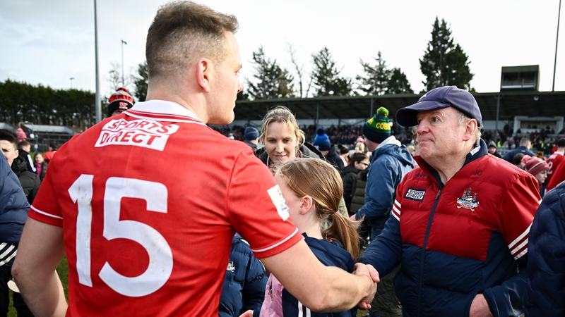 22 February 2026; Cork manager John Cleary, right, and Steven Sherlock after their side's victory in the Allianz Football League Division 2 match between Cork and Meath at Páirc Ui Rinn in Cork. Photo by Seb Daly/Sportsfile