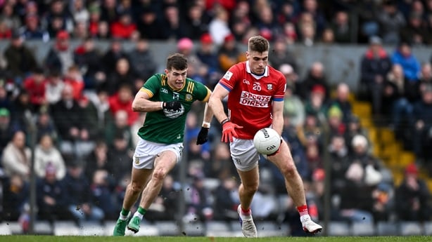 22 February 2026; Ian Maguire of Cork in action against Eoghan Frayne of Meath during the Allianz Football League Division 2 match between Cork and Meath at Páirc Ui Rinn in Cork. Photo by Seb Daly/Sportsfile