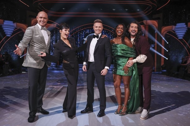  Nicky Byrne ,Oti Mabuse, and Arthur Gourounlian during the live show of RTE's Dancing With The Stars.Pic:Kyran O'Brien /kobpixNO FEE FOR REPRO During show run++++++FEE applies to Photographs used after Show run finishes.++++++++++