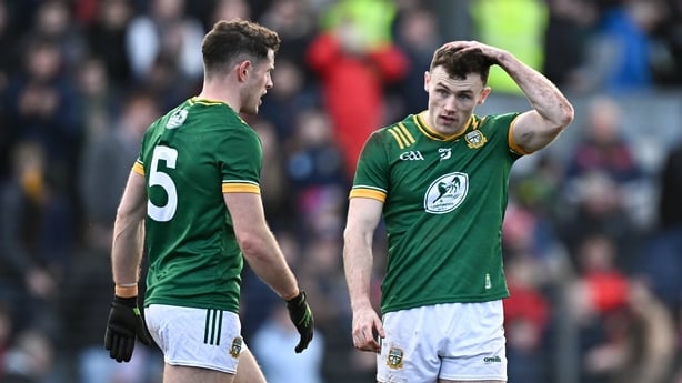 22 February 2026; Meath players Jordan Morris, right, and Aaron Lynch after their side's defeat in the Allianz Football League Division 2 match between Cork and Meath at Páirc Ui Rinn in Cork. Photo by Seb Daly/Sportsfile