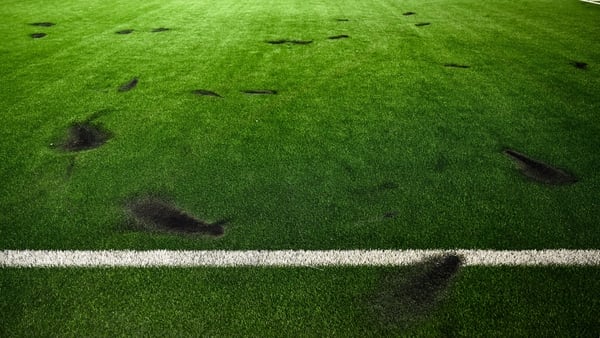 20 February 2026; A view of the damage to the pitch after the SSE Airtricity Men's Premier Division match between Dundalk and Drogheda United at Oriel Park in Dundalk, Louth. Photo by Ben McShane/Sportsfile