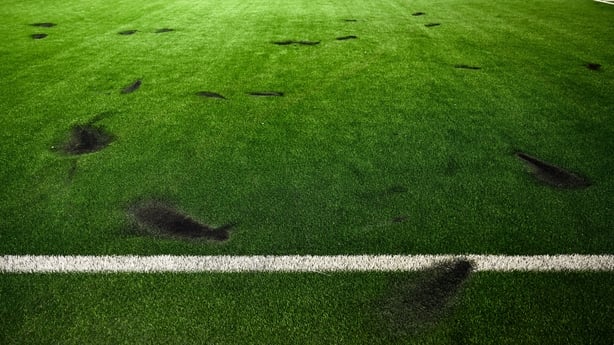 20 February 2026; A view of the damage to the pitch after the SSE Airtricity Men's Premier Division match between Dundalk and Drogheda United at Oriel Park in Dundalk, Louth. Photo by Ben McShane/Sportsfile