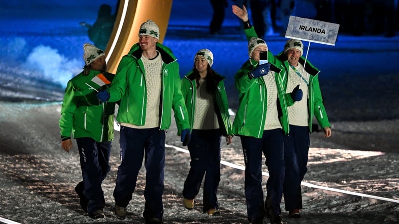 Team Ireland Alpine skier Cormac Comerford, right, and freestyle skier Ben Lynch, second from left, during the opening ceremony of the Milano Cortina 2026 Winter Olympics at the Livigno Snow Park in Livigno, Italy.
