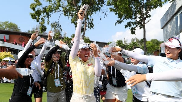 Jeeno Thitikul of Thailand is congratulated with water as she celebrates victory following the final round of the Honda LPGA Thailand 2026 at Siam Country Club on February 22, 2026 in Chon Buri, Thailand. (Photo by Thananuwat Srirasant/Getty Images)