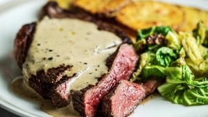 Nevens Recipes - Steak with Peppercorn Sauce and Rustic Potato Slices. show image