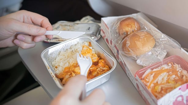 A serving of food on an airplane