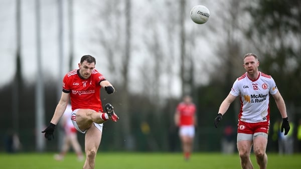 22 February 2026; Sam Mulroy of Louth kicks a score during the Allianz Football League Division 2 match between Louth and Tyrone at DEFY Pairc Mhuire in Ardee, Louth. Photo by Shauna Clinton/Sportsfile