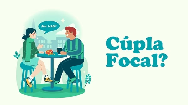 Cupla Focal, illustration of a young couple enjoying speaking Irish