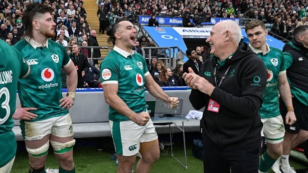21 February 2026; James Lowe of Ireland, centre, and team manager Mick Kearney celebrate after the Guinness 6 Nations Rugby Championship match between England and Ireland at the Allianz Stadium in Twickenham, England. Photo by Brendan Moran/Sportsfile