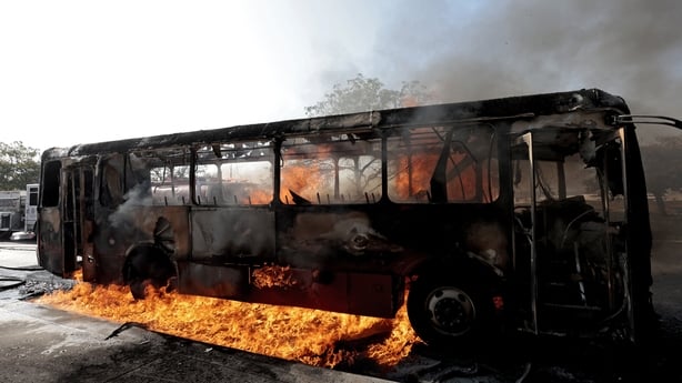 Burning bus in Zapopan in Mexico