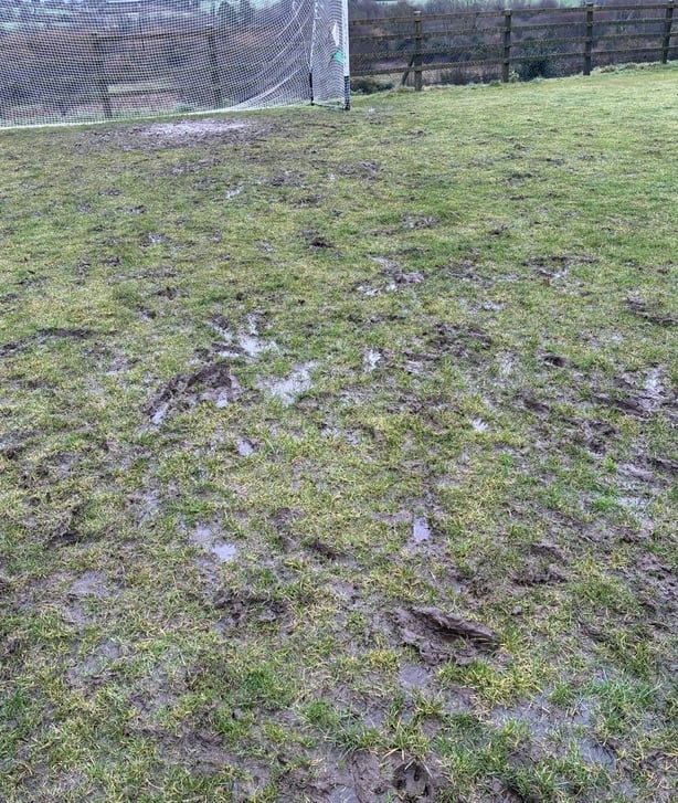 The condition of the pitch near one of the goalmouths at the Parteen-Meelick venue (Image courtesy of Dean Goodison)