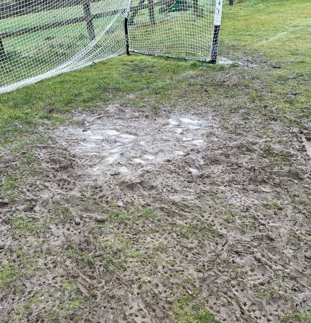 The condition of the pitch near one of the goalmouths at the Parteen-Meelick venue for Clare-Wexford camogie league, February 2026 - Image courtesy of Dean Goodison 