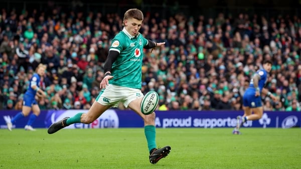 14 February 2026; Sam Prendergast of Ireland during the Guinness 6 Nations Rugby Championship match between Ireland and Italy at the Aviva Stadium in Dublin. Photo by John Dickson/Sportsfile