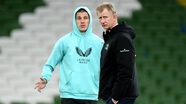 6 December 2025; Sam Prendergast of Leinster, left, with Leinster head coach Leo Cullen before the Investec Champions Cup match between Leinster and Harlequins at the Aviva Stadium in Dublin. Photo by Brendan Moran/Sportsfile