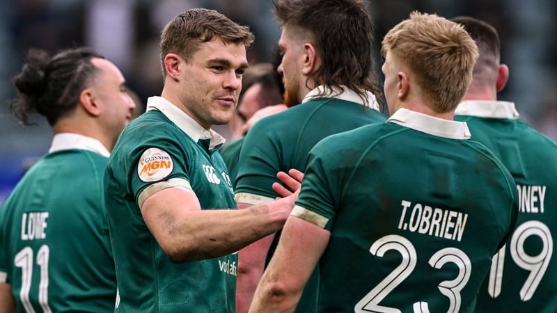 21 February 2026; Ireland players Garry Ringrose, left, and Tommy O'Brien after their side's victory in the Guinness 6 Nations Rugby Championship match between England and Ireland at the Allianz Stadium in Twickenham, England. Photo by Ramsey Cardy/Sports