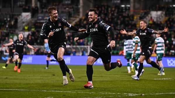 23 February 2026; Danny Mullen of Dundalk celebrates after scoring his side's first goal during the SSE Airtricity Men's Premier Division match between Shamrock Rovers and Dundalk at Tallaght Stadium in Dublin. Photo by Ben McShane/Sportsfile