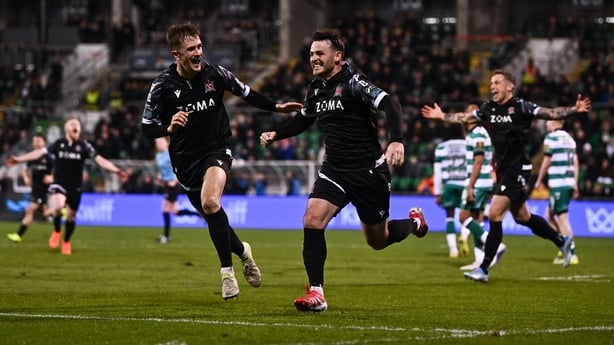 23 February 2026; Danny Mullen of Dundalk celebrates after scoring his side's first goal during the SSE Airtricity Men's Premier Division match between Shamrock Rovers and Dundalk at Tallaght Stadium in Dublin. Photo by Ben McShane/Sportsfile