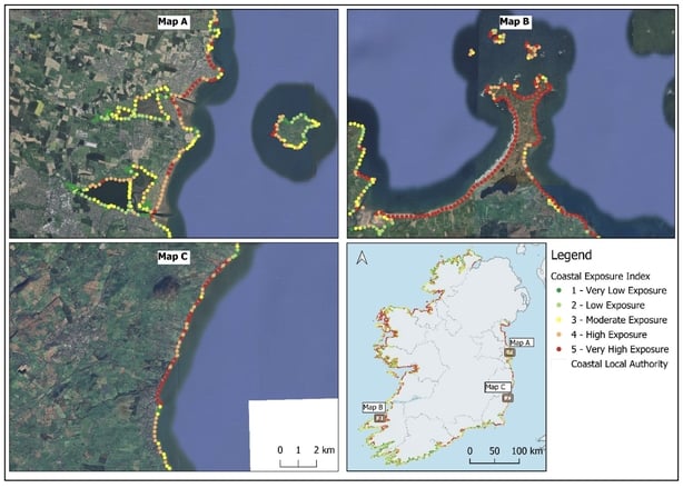 oastal Exposure Index results around Ireland, examples areas surrounding Portrane, Co. Dublin (Map A); Maharees Peninsula, Co. Kerry (Map B) and Courtown, Co. Wexford (Map C) 
